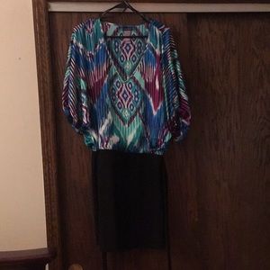 Blue, green, purple, and black dress.